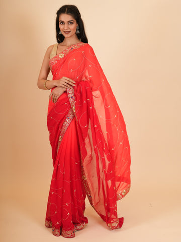 Ranas Red Shaded Pure Chiffon Saree