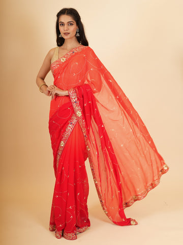 Ranas Red Shaded Pure Chiffon Saree
