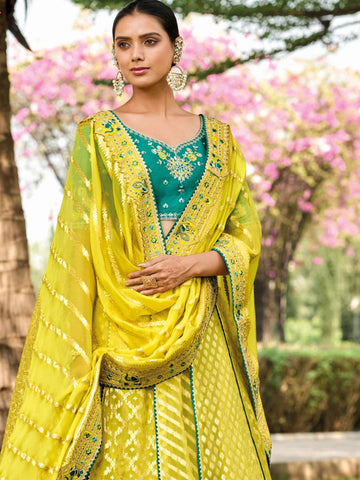 Ranas Lemon Yellow  Organza Silk Lehenga Set