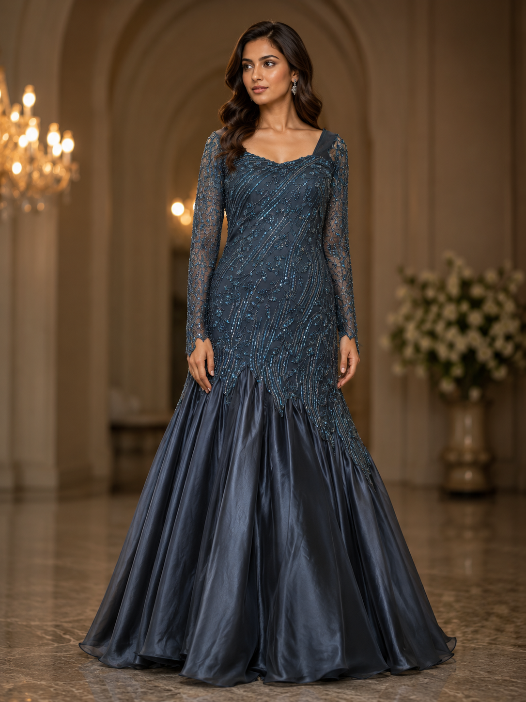 blue dress designer Gothic Royal Blue Prom Dress with Cape Sleeves - Designer Sequin Dress with Cut-Out Back