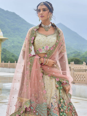 Ranas Green Pink Off-White Shaded  Lehenga