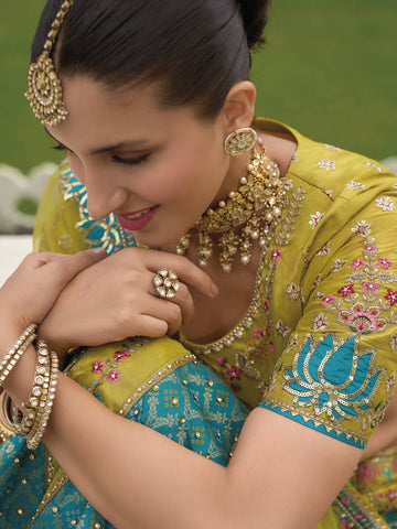 Ranas Teal Yellow  Kanjivaram Lehenga Set