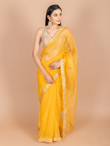 Ranas Mustard Yellow Organza Saree