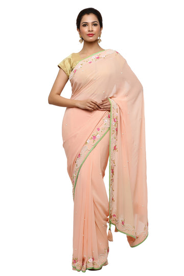Ranas Peach Color Pure Georgette Saree