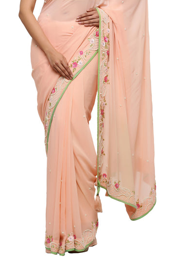 Ranas Peach Color Pure Georgette Saree