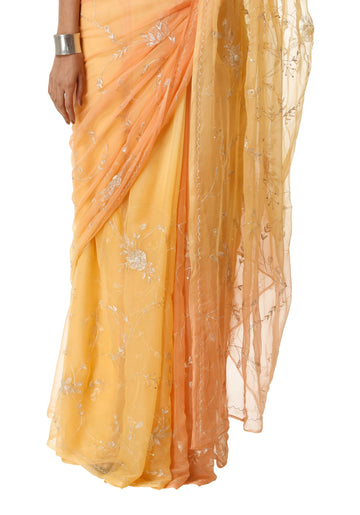 Ranas Peach & Yellow Chiffon Saree