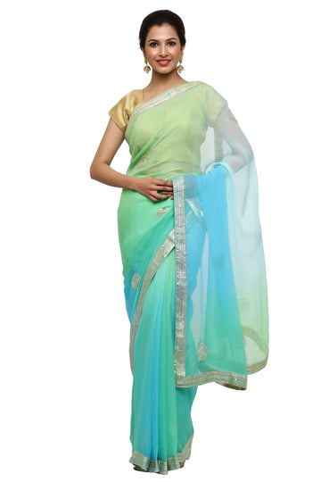 Ranas Pure Chiffon Blue & Sea Green Shaded Saree