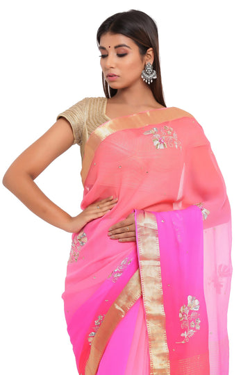 Ranas Pink & Red Shaded Chiffon Saree