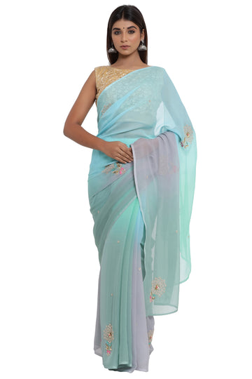 Ranas Chiffon Turquoise & Grey Shaded Saree