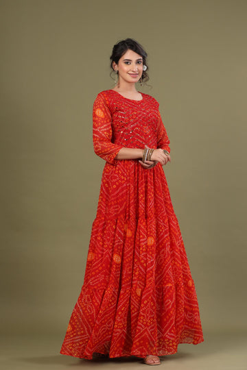 Ranas Red bhandej Anarkali Kurti
