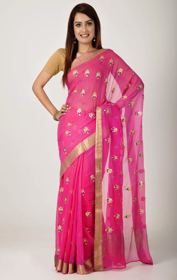 Ranas Peach Chiffon zari Border Woven zari Border & gota patti Work Work Saree