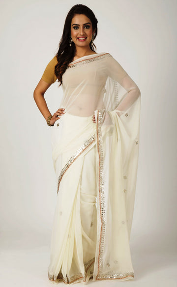 Ranas White Faux Georgette Gota Patti Work Saree