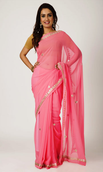 Ranas Peach Faux  Georgette Gota Patti Work Saree