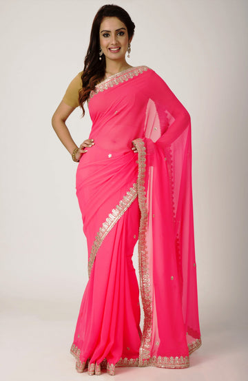 Ranas Dark Peach Art  Georgette Gota Patti Work Saree