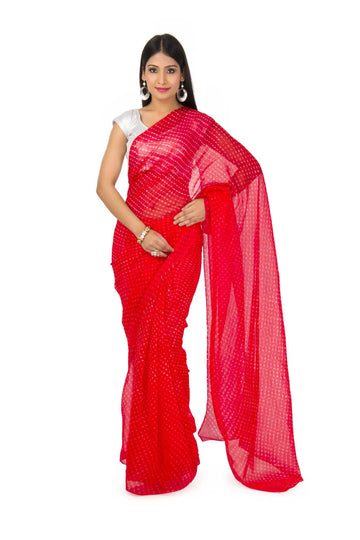 Georgette Mothda Leheriya Saree In Red Color