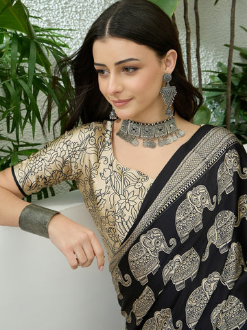 Ranas Black Color Printed Saree