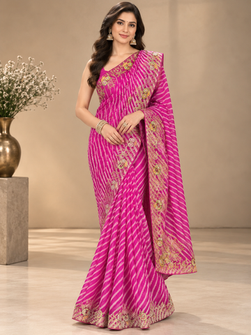 Ranas Pink Color Aari Work Leheriya Saree