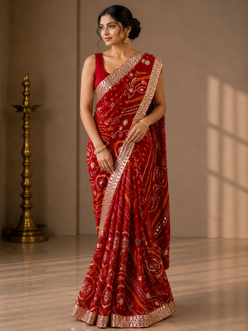 Ranas Red Color Kacchi Patti  Work Bandhej Saree