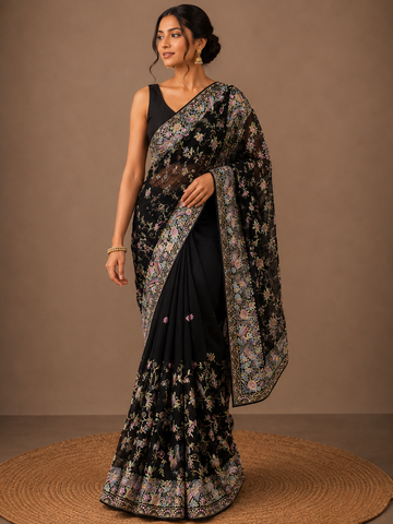 Ranas Black Color Parsi Resham Work Saree