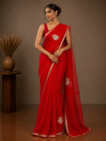 Ranas Red Color Leheriya Mothda Saree