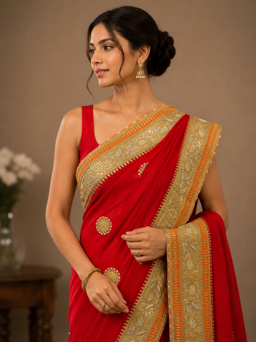 Ranas Marori & Zardosi work Red Shaded Saree