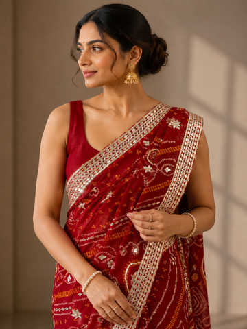 Ranas Red Color Kacchi Patti  Work Bandhej Saree