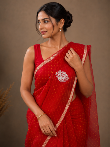 Ranas Red Color Leheriya Mothda Saree