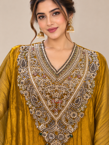 Ranas Metallic Gold Tissue Organza Embroidered Kaftan Set