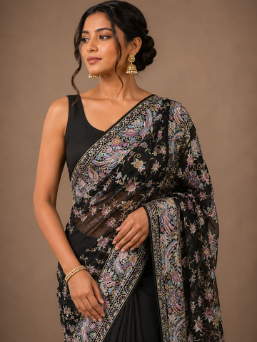 Ranas Black Color Parsi Resham Work Saree