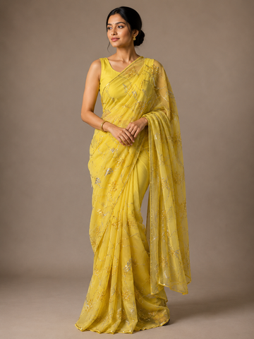 Ranas Yellow Color Aari & Sequine Work Designer Saree
