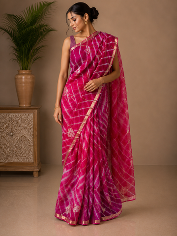Ranas Aari & Sequins work Leheriya Saree