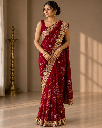 Ranas Red Color Kacchi Patti Work Saree