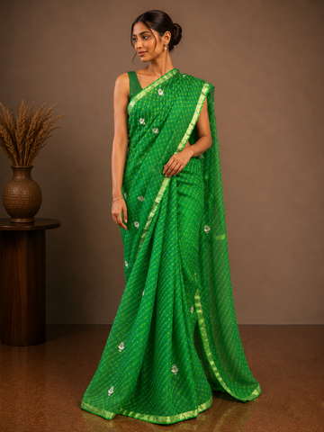 Ranas Bottle Green Color Leheriya Mothda Saree
