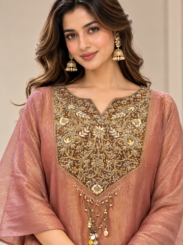 Ranas Rose Gold Tissue Organza Embroidered Kaftan Set