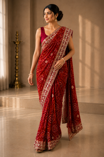 Ranas Red Color Kacchi Patti Work Saree