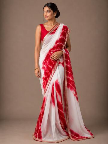 Ranas Red & White Shaded Gota Patti work Saree