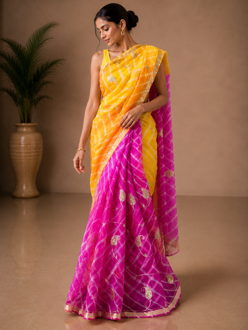 Ranas Yellow & Rani Color Kota Silk Leheriya Saree