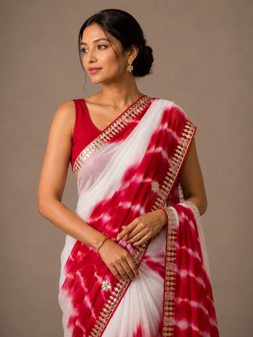Ranas Red & White Shaded Gota Patti work Saree