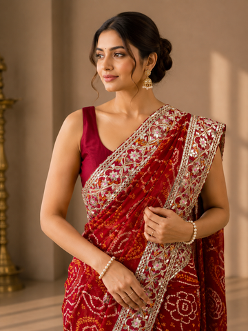 Ranas Red Color Kacchi Patti Work Saree