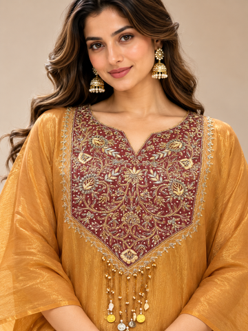 RanasPeach Tissue Organza Embroidered Kaftan Set