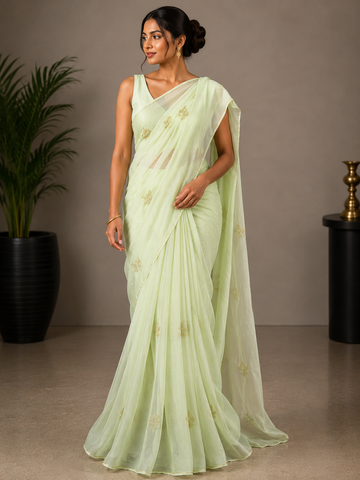 Ranas Pista Green Color Pure Chiffon Saree