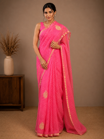 Ranas Pink Color Pittan Work Leheriya Mothda Saree
