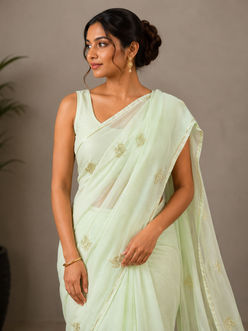 Ranas Pista Green Color Pure Chiffon Saree