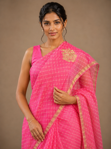 Ranas Pink Color Pittan Work Leheriya Mothda Saree