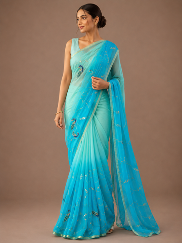 Ranas Sea Green & Turquoise Color Shaded Saree