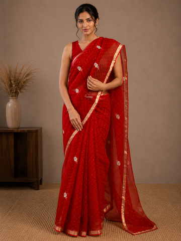 Ranas Red Color Leheriya Mothda Pittan Work Saree