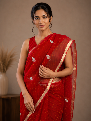 Ranas Red Color Leheriya Mothda Pittan Work Saree