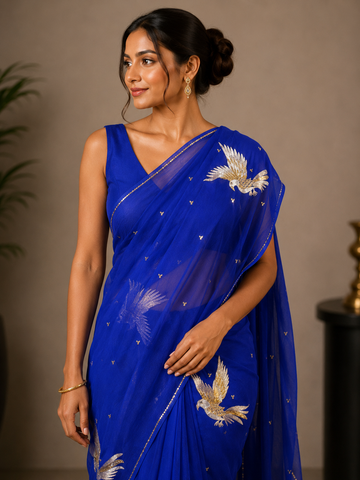 Ranas Blue Shaded Pure Chiffon Designer Saree