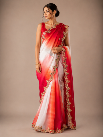 Ranas Red & White Shaded Pure Chiffon Saree