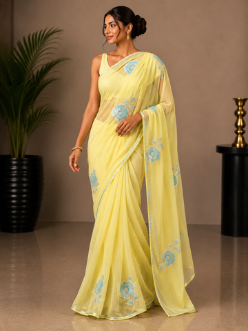 Ranas Yellow Color Pure Chiffon Designer Saree